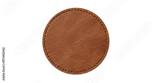 Принти на полотні Brown leather circle patch coaster applique stitched detail.