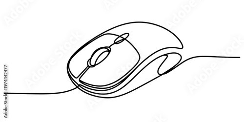 A minimalist single continuous line drawing of a computer mouse on a clean white background area.
