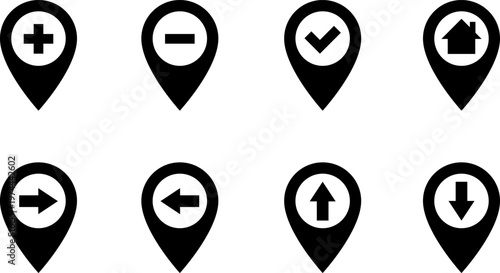 Map markers, checkboxes, and location icons collection. Map pin icons isolated on transparent background. Pushpin flag navigation vector