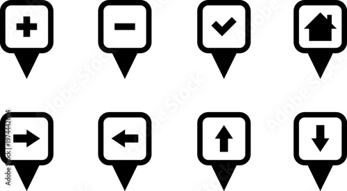 Map markers, checkboxes, and location icons collection. Map pin icons isolated on transparent background. Pushpin flag navigation vector