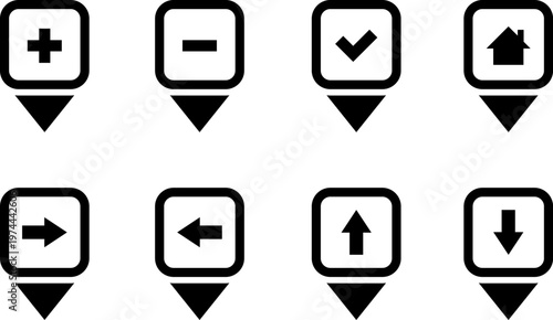 Map markers, checkboxes, and location icons collection. Map pin icons isolated on transparent background. Pushpin flag navigation vector