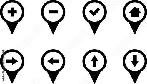 Map markers, checkboxes, and location icons collection. Map pin icons isolated on transparent background. Pushpin flag navigation vector