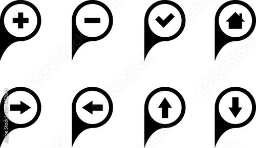 Map markers, checkboxes, and location icons collection. Map pin icons isolated on transparent background. Pushpin flag navigation vector