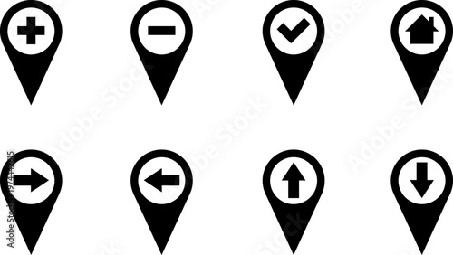 Map markers, checkboxes, and location icons collection. Map pin icons isolated on transparent background. Pushpin flag navigation vector