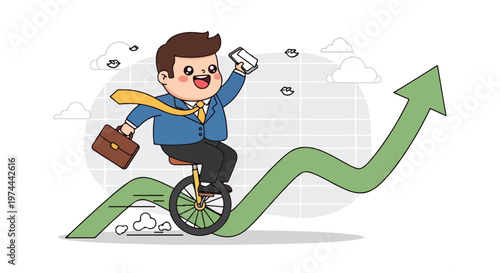Cheerful businessman riding a unicycle on an upward trending graph symbolizing business growth and success