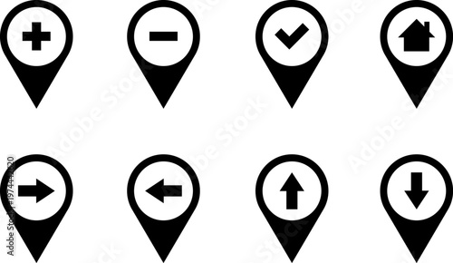 Map markers, checkboxes, and location icons collection. Map pin icons isolated on transparent background. Pushpin flag navigation vector