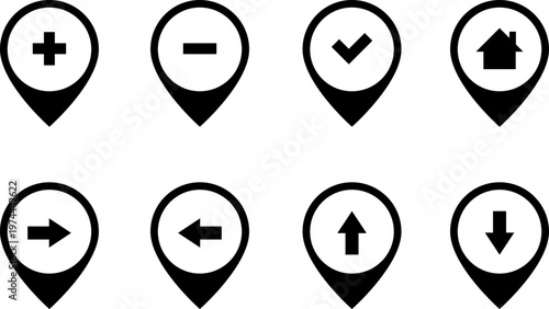 Map markers, checkboxes, and location icons collection. Map pin icons isolated on transparent background. Pushpin flag navigation vector