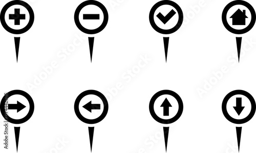 Map markers, checkboxes, and location icons collection. Map pin icons isolated on transparent background. Pushpin flag navigation vector