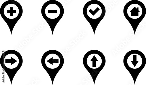 Map markers, checkboxes, and location icons collection. Map pin icons isolated on transparent background. Pushpin flag navigation vector