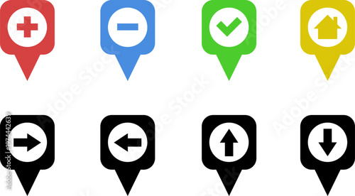 Map markers, checkboxes, and location icons collection. Map pin icons isolated on transparent background. Pushpin flag navigation vector