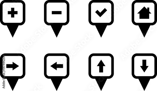 Map markers, checkboxes, and location icons collection. Map pin icons isolated on transparent background. Pushpin flag navigation vector
