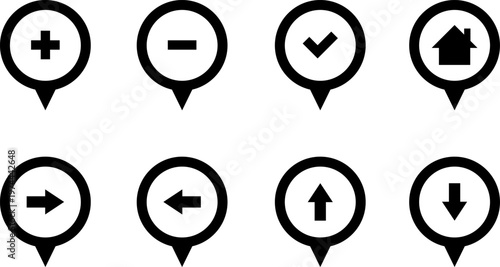 Map markers, checkboxes, and location icons collection. Map pin icons isolated on transparent background. Pushpin flag navigation vector
