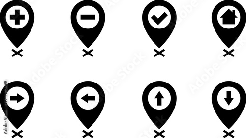 Map markers, checkboxes, and location icons collection. Map pin icons isolated on transparent background. Pushpin flag navigation vector