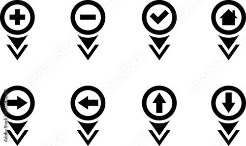 Map markers, checkboxes, and location icons collection. Map pin icons isolated on transparent background. Pushpin flag navigation vector