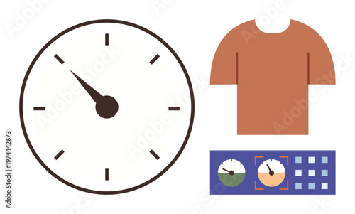 Time management, clothing design, digital editing, fashion industry, productivity, workflow. Minimalist elements include a clock, shirt graphic and interface control panel. Time management