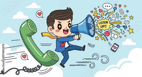 Energetic businessman with megaphone announces news while a large vintage telephone flies by in a dynamic sky