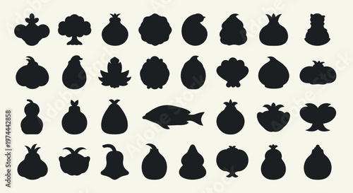 Collection of Diverse Black Silhouettes of Fruits Vegetables and a Fish.