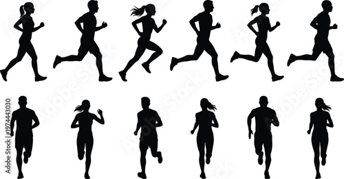 Black silhouette of men and women running, jogging, and sprinting in various poses and angles, isolated on white background, fitness.