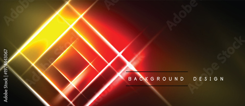 Abstract neon lines create dynamic geometric pattern. Bright yellow, red hues dominate dark background. Modern design element.