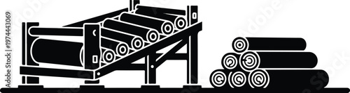 Black and White Silhouette of a Traditional Vertical Saw Pit Timber Mill with Lumber and Birds
