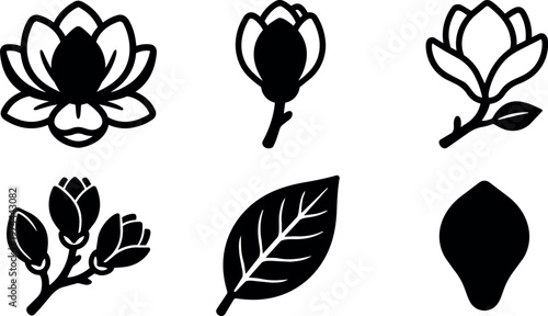 Black and white lotus flower and leaf icons vector art set