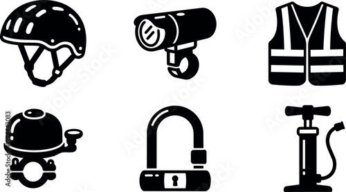 Black and white bicycle helmet light bell lock vest and pump vector icons
