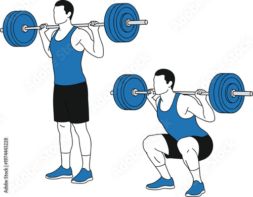 Barbell Squat Exercise Illustration Featuring Man Performing Weighted Squats for Strength Training and Fitness