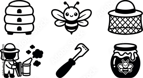 Black and white line art bee hive honey jar smoker and hive tool vector illustration