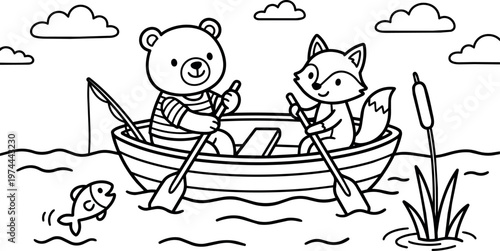 Black and white line art bear and fox rowing boat on lake with fish and reeds
