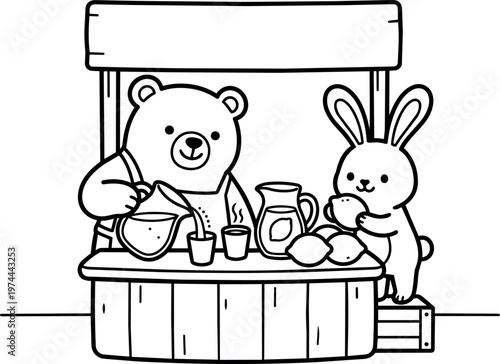 Black and white line art bear pouring lemonade and rabbit holding lemon at stand