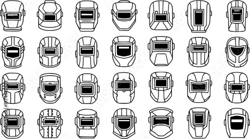 Industrial Welding Helmets Line Art Icons Set. Manufacturing and Construction Safety Masks for Welders. Outline Vector Workwear Head Protection Collection.