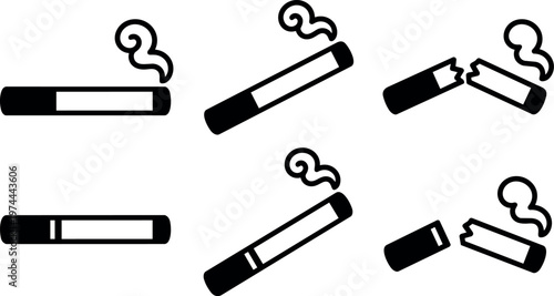 Black and white smoking cigarette stick and broken cigarette vector art icons