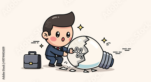 Cute cartoon businessman examining a broken light bulb, representing a failed idea or lack of inspiration