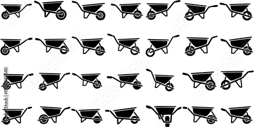 Black and White Glyph Icons of Wheelbarrows in Various Positions for Construction and Gardening