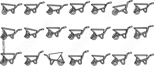 Black and White Line Art of Wheelbarrows in Rows for Construction Industry