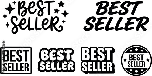 Best seller lettering with six different black and white font styles and star decorations