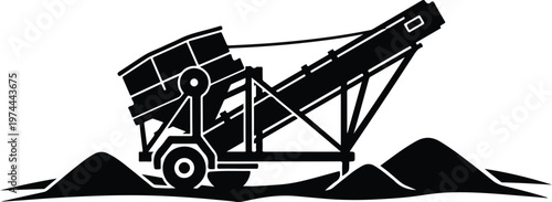 Black and White Silhouette of a Mobile Industrial Crusher and Conveyor Machine for Mining and Construction