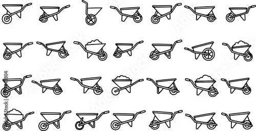 Construction and Gardening Wheelbarrow Line Art Icons Set. Outline Handcart Glyphs for Building, Farming, and Landscaping Heavy Duty Transport.