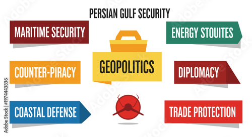 Persian gulf geopolitical landscape featuring maritime security, counter-piracy, coastal defense, energy routes, diplomacy, and trade protection concepts presented with bold