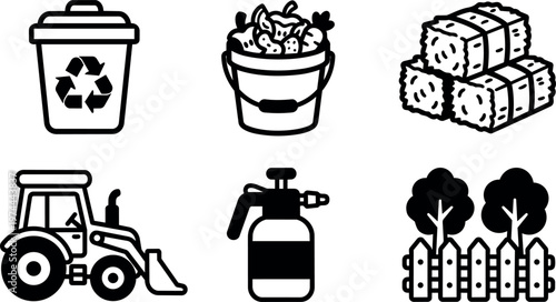 Black and white farm tools and recycling icons set in vector art