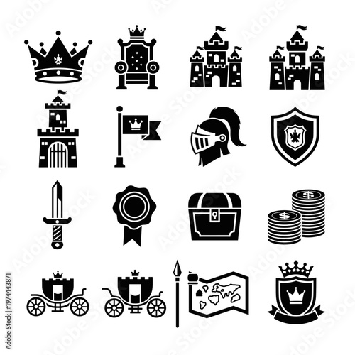Royal medieval kingdom elements featuring a detailed crown, ornate throne, majestic castles, knight's helmet, shield emblem, sharp sword, wax seal, treasure chest, stacked coins,