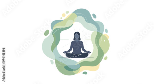 Serene person meditating in lotus pose encircled by flowing organic shapes and gentle light rays, symbolizing inner peace and mindfulness, rendered in a minimalist style with a
