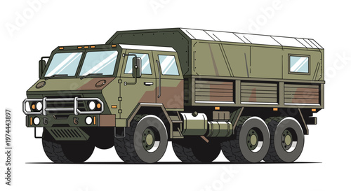 Rugged military transport vehicle with camouflage accents and heavy-duty tires, rendered in a clean, scalable vector format with a muted green and brown color palette, perfect for