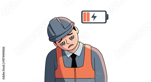 Tired construction worker wearing hard hat and safety vest with low battery indicator above head, conveying exhaustion and depletion of energy, clear lines, simple shapes, muted