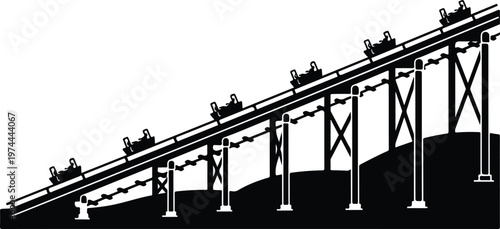 Black and White Silhouette of a Funicular Inclined Railway with Transport Carts on a Hillside
