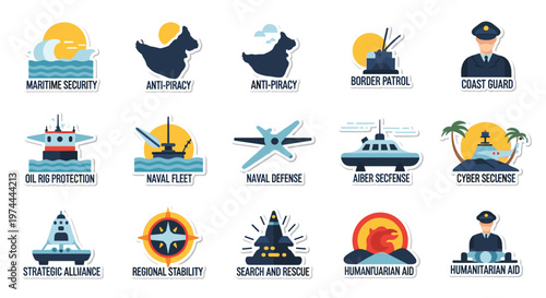 Collection of flat design vector icons representing maritime security, anti-piracy, border patrol, coast guard, oil rig protection, naval fleet, naval defense, cyber defense,