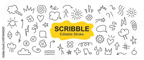 line icon, cute shape hand drawn. Fun effect, kid element editable stroke. Abstract doodle outline set isolated on white background, sticker. Vector illustration