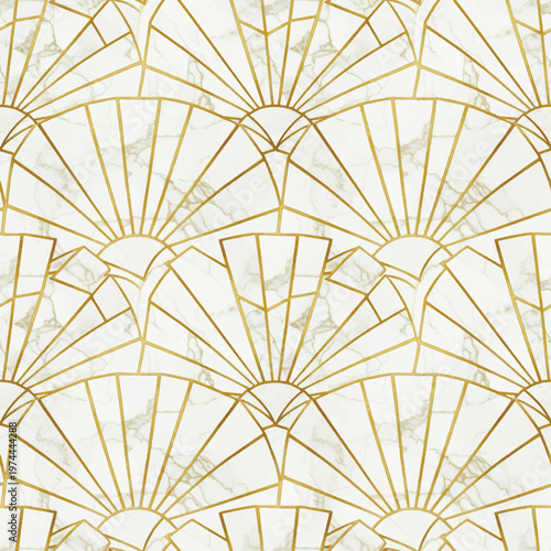 Elegant Art Deco seamless pattern with gold fan outlines and white marble texture. Sophisticated 1920s geometric shell design for luxury wallpaper, textiles, and premium interior decor.