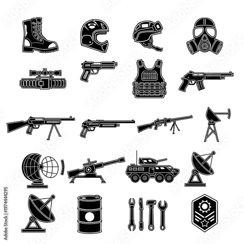 Collection of military and industrial equipment icons featuring a combat boot, helmets, gas mask, sniper rifle scope, pistols, body armor, shotguns, machine guns, satellite