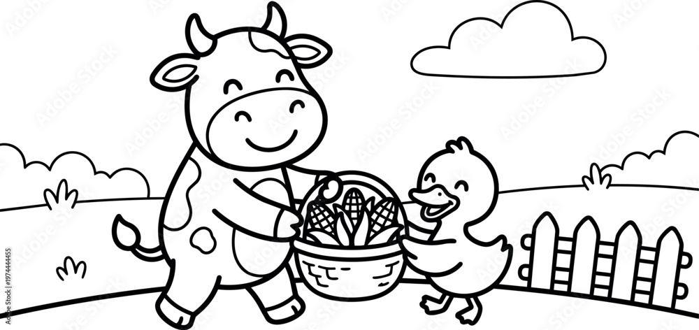Fototapeta premium Smiling cow and duck holding basket of corn in farm landscape line art